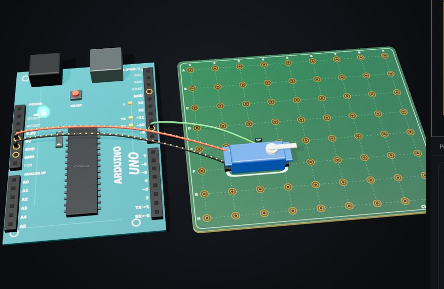 An Arduino Uno driving a servo on a 3D breadboard