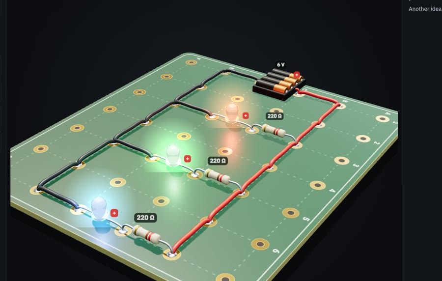 Three LEDs wired in parallel on a 3D breadboard