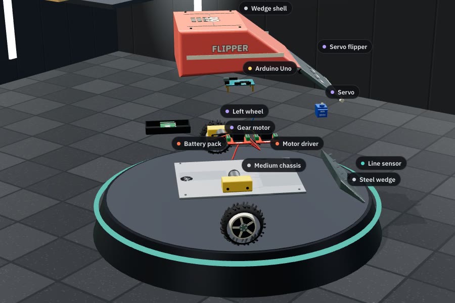 Exploded view of a flipper robot with every part labelled
